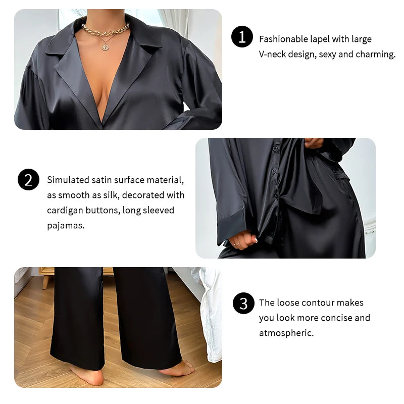 Ensemble Pyjama Satin Femme Luxe - Pyjama Long Col V Profond - Tenue de Nuit Élégante Jambes Larges