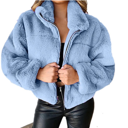 Veste Courte Femme Imitation Fourrure de Lapin - Blouson Chaud Zippé Peluche - Style Casual Hiver 2024