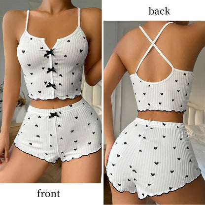 Ensemble Pyjama Femme Sexy 2 Pièces - Top Bretelles Croisé et Short Motif Cœurs - Nuisette Pyjama en Polyester