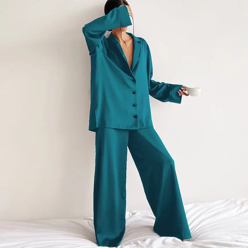 Ensemble Pyjama Femme Satin Oversize - Pyjama Chic Décolleté V - Manches Longues et Pantalon Large