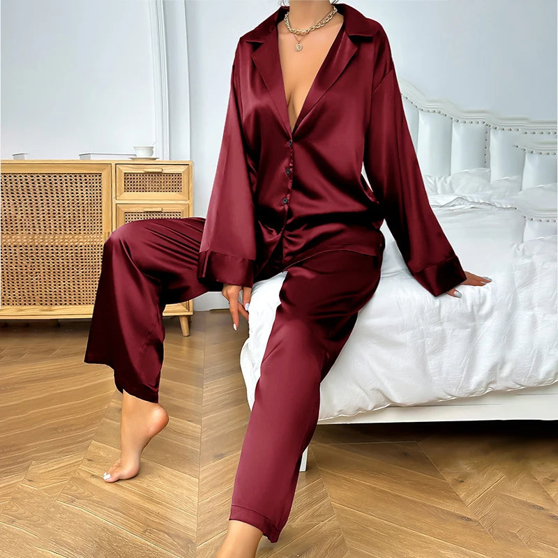 Ensemble Pyjama Satin Femme Luxe - Pyjama Long Col V Profond - Tenue de Nuit Élégante Jambes Larges