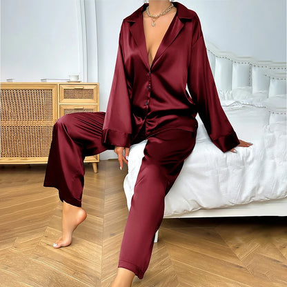 Ensemble Pyjama Satin Femme Luxe - Pyjama Long Col V Profond - Tenue de Nuit Élégante Jambes Larges