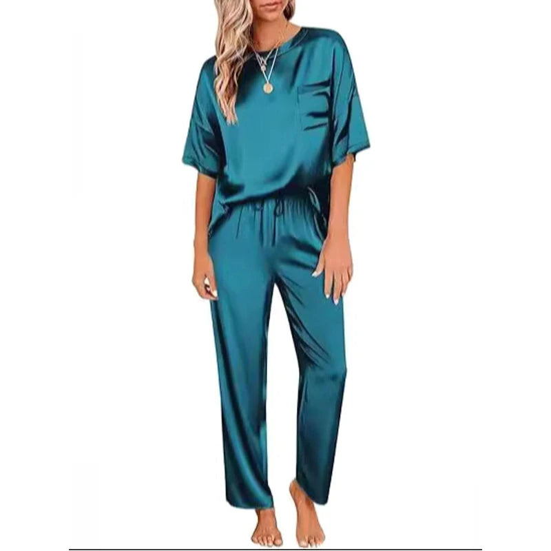 Ensemble Pyjama Femme 2 Pièces Satin - Tenue d'Intérieur Chic et Confortable - Manches Courtes et Pantalon Long