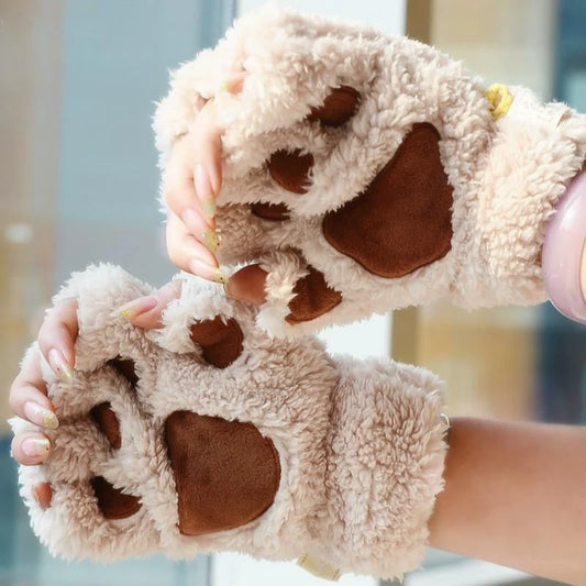 Gants Sans Doigts Kawaii - Mitaines Peluche Patte de Chat - Moufles Douces Hivernales