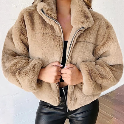 Veste Courte Femme Imitation Fourrure de Lapin - Blouson Chaud Zippé Peluche - Style Casual Hiver 2024