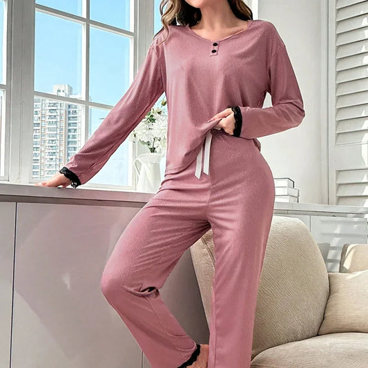 Pyjama Femme Hiver Manches Longues - Ensemble Détente Doux - Vêtement de Nuit Confortable Automne