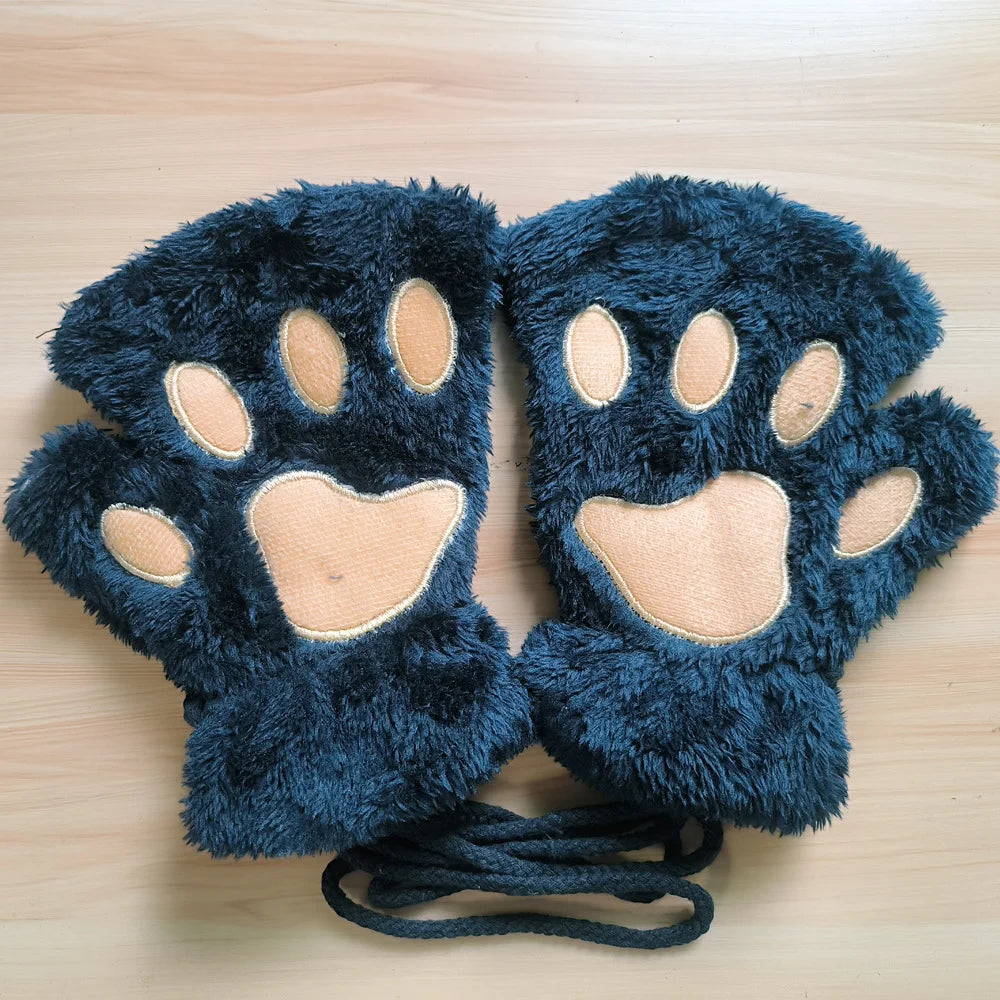 Gants Sans Doigts Kawaii - Mitaines Peluche Patte de Chat - Moufles Douces Hivernales