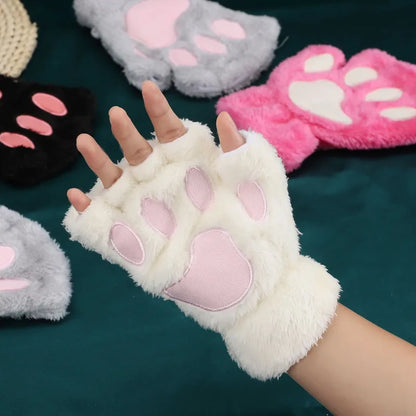 Gants Sans Doigts Kawaii - Mitaines Peluche Patte de Chat - Moufles Douces Hivernales