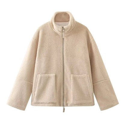 Veste Polaire Femme Hiver en Laine d'Agneau - Manteau Chaud Col Montant avec Poches Zippées - Style Streetwear