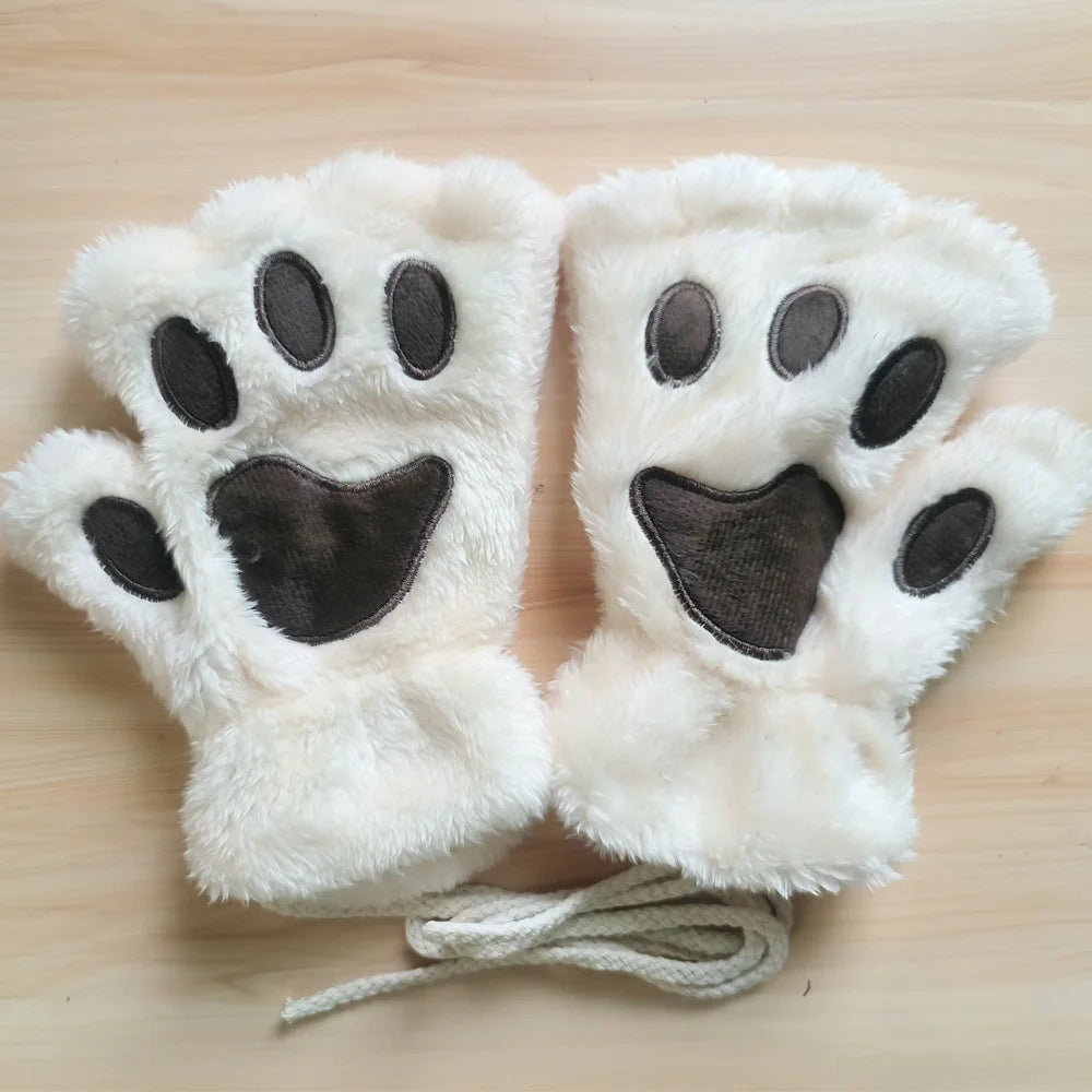 Gants Sans Doigts Kawaii - Mitaines Peluche Patte de Chat - Moufles Douces Hivernales