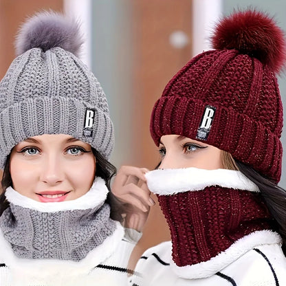 Ensemble Bonnet et Écharpe d'Hiver 2024 - Tricot Chaud avec Pompon en Fausse Fourrure