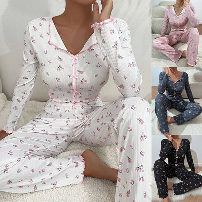 Ensemble Pyjama Femme Hiver Luxe - Pyjama Long Imprimé Floral - Vêtement de Nuit Chaud et Élégant pour Automne-Hiver