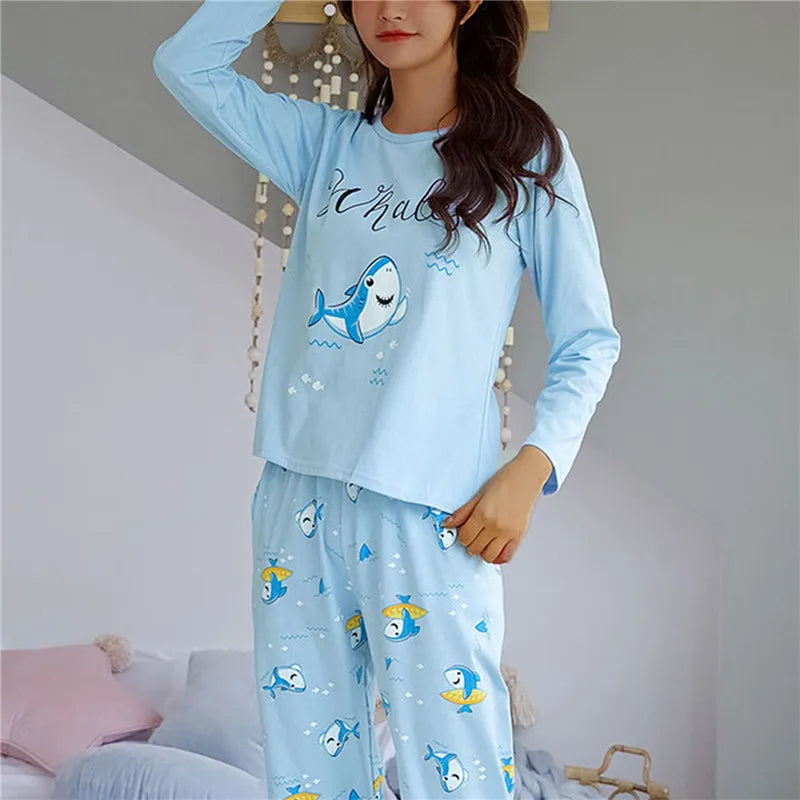 Pyjama Femme Imprimé Cartoon - Ensemble Décontracté Printemps/Automne - Vêtement de Nuit M-2XL