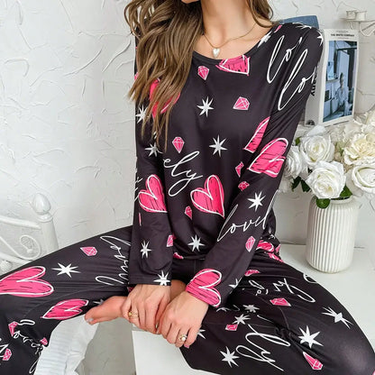 Pyjama Femme Imprimé Léopard et Cœurs - Ensemble Long en Soie de Lait - Vêtement de Nuit Automne-Hiver