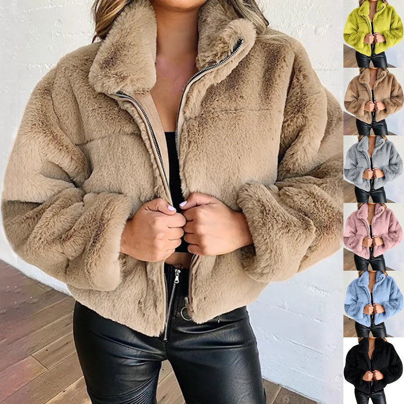 Veste Courte Femme Imitation Fourrure de Lapin - Blouson Chaud Zippé Peluche - Style Casual Hiver 2024