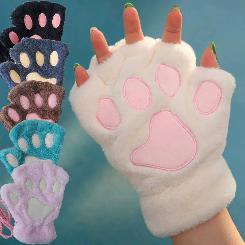 Gants Sans Doigts Kawaii - Mitaines Peluche Patte de Chat - Moufles Douces Hivernales