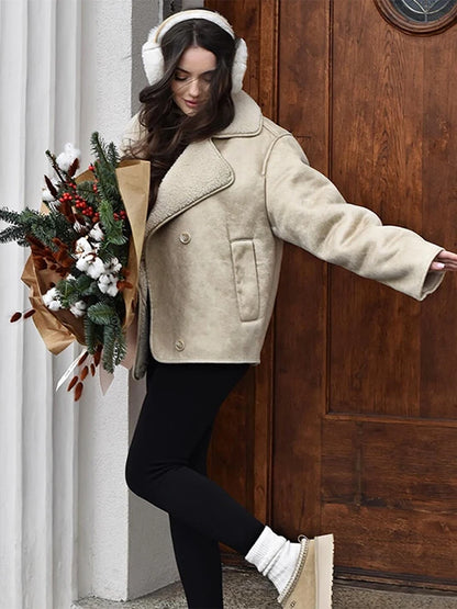 Manteau Femme Hiver Vintage en Simili Cuir - Veste Chaude Élégante avec Revers - Style Rétro Chic