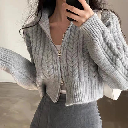 Cardigan Femme Torsadé avec Fermeture Éclair - Gilet Court Vintage Élégant