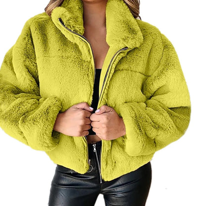 Veste Courte Femme Imitation Fourrure de Lapin - Blouson Chaud Zippé Peluche - Style Casual Hiver 2024