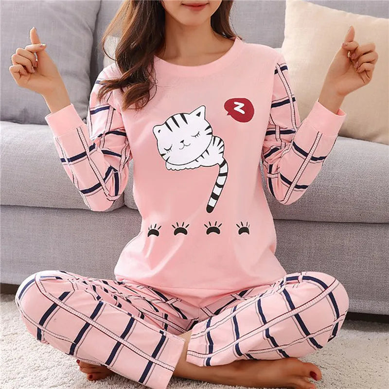 Pyjama Femme Imprimé Cartoon - Ensemble Décontracté Printemps/Automne - Vêtement de Nuit M-2XL