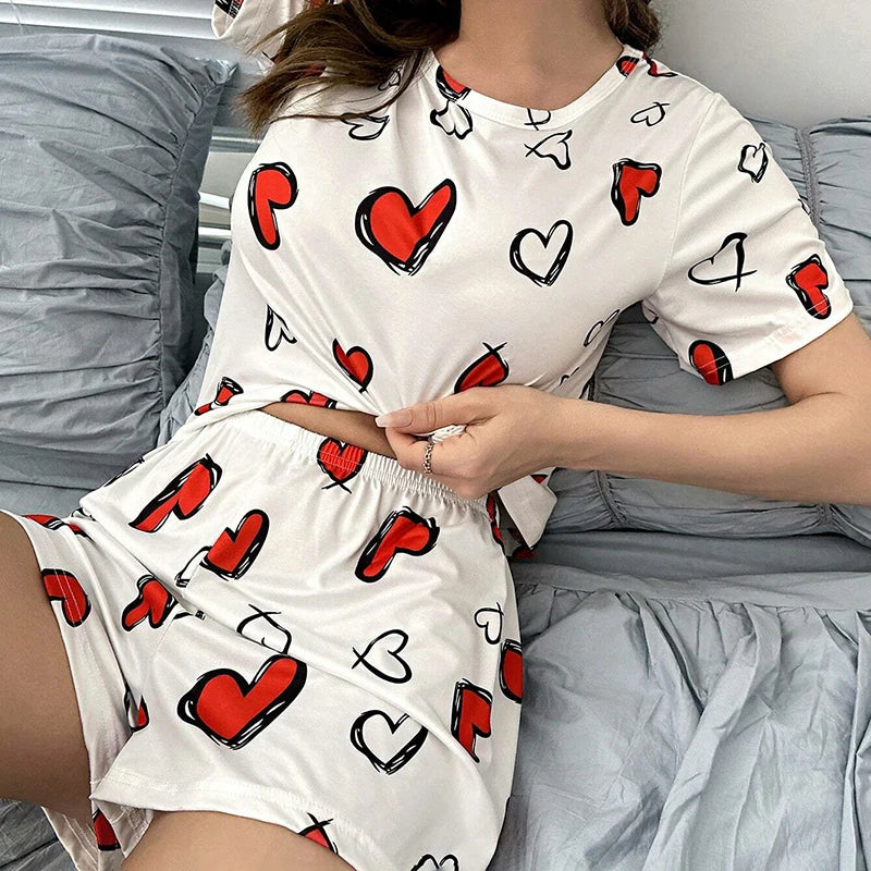 Pyjama Femme Été Motif Fraises - Ensemble Short et T-shirt - Vêtement de Nuit Doux et Confortable