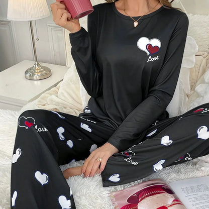 Pyjama Femme Imprimé Léopard et Cœurs - Ensemble Long en Soie de Lait - Vêtement de Nuit Automne-Hiver