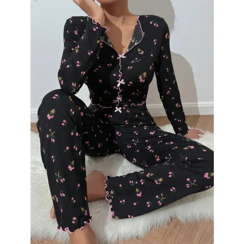 Ensemble Pyjama Femme Hiver Luxe - Pyjama Long Imprimé Floral - Vêtement de Nuit Chaud et Élégant pour Automne-Hiver