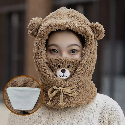 Bonnet-Écharpe Peluche avec Capuche - Accessoire d'Hiver Design Ours - Protection 3-en-1