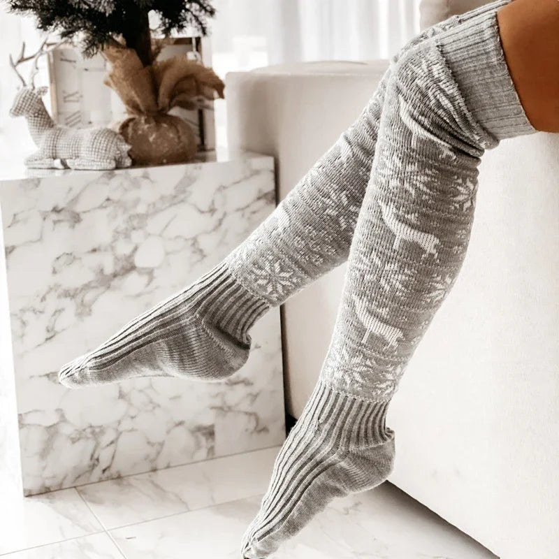 Chaussettes Hautes de Noël Femme - Bas au Genou Motif Flocons de Neige - Collection Hiver 2024