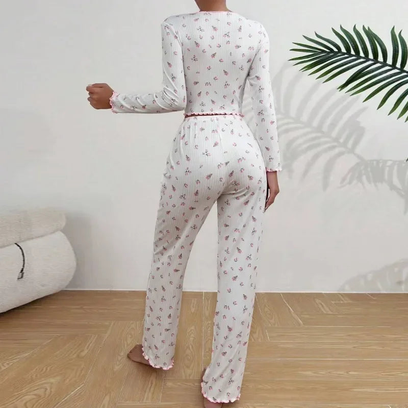 Ensemble Pyjama Femme Hiver Luxe - Pyjama Long Imprimé Floral - Vêtement de Nuit Chaud et Élégant pour Automne-Hiver