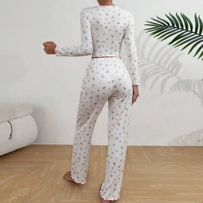 Ensemble Pyjama Femme Hiver Luxe - Pyjama Long Imprimé Floral - Vêtement de Nuit Chaud et Élégant pour Automne-Hiver