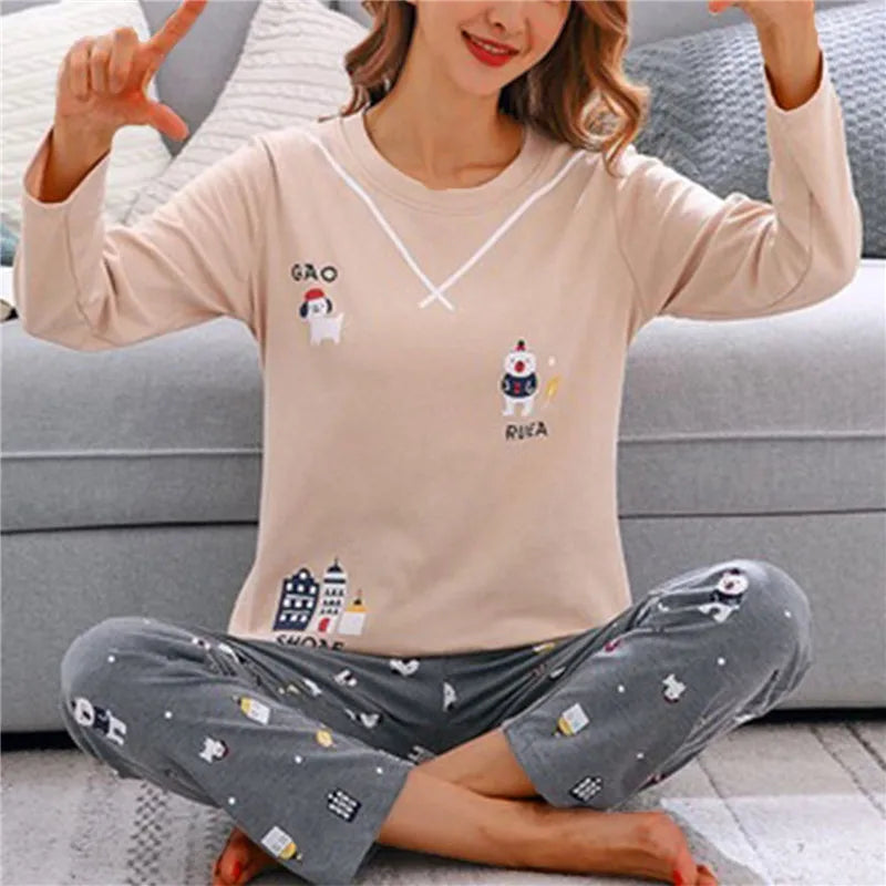 Pyjama Femme Imprimé Cartoon - Ensemble Décontracté Printemps/Automne - Vêtement de Nuit M-2XL