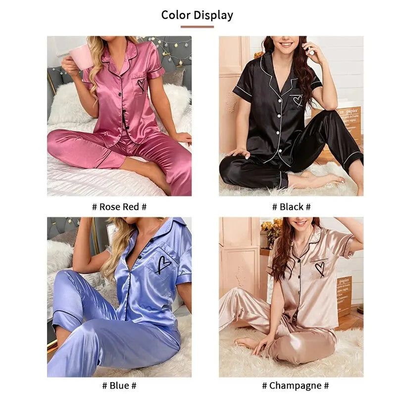 Ensemble de Pyjama Satin de Luxe avec Broderie Cœur - Confort Doux et Élégant pour la Nuit