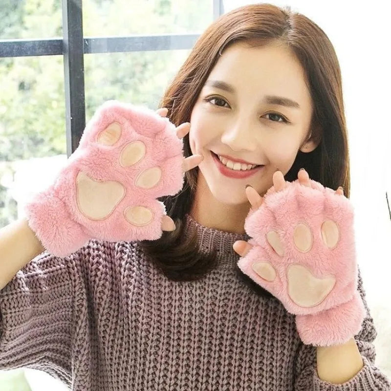 Gants Sans Doigts Kawaii - Mitaines Peluche Patte de Chat - Moufles Douces Hivernales