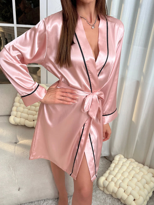 Robe de Chambre Satin Femme Élégante - Peignoir Long avec Ceinture et Manches Longues