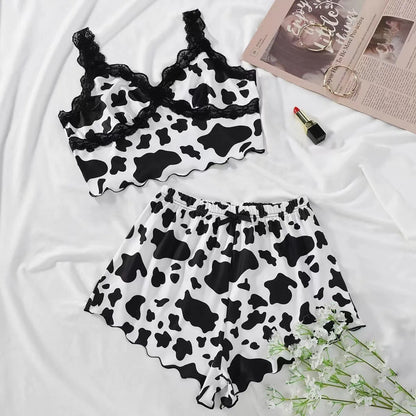 New Style Lady's  Cow Pattern Lace Edge Camisole With Shorts Pajama Set Cute Comfort Sexy Home Wear Sleepwear Underwear