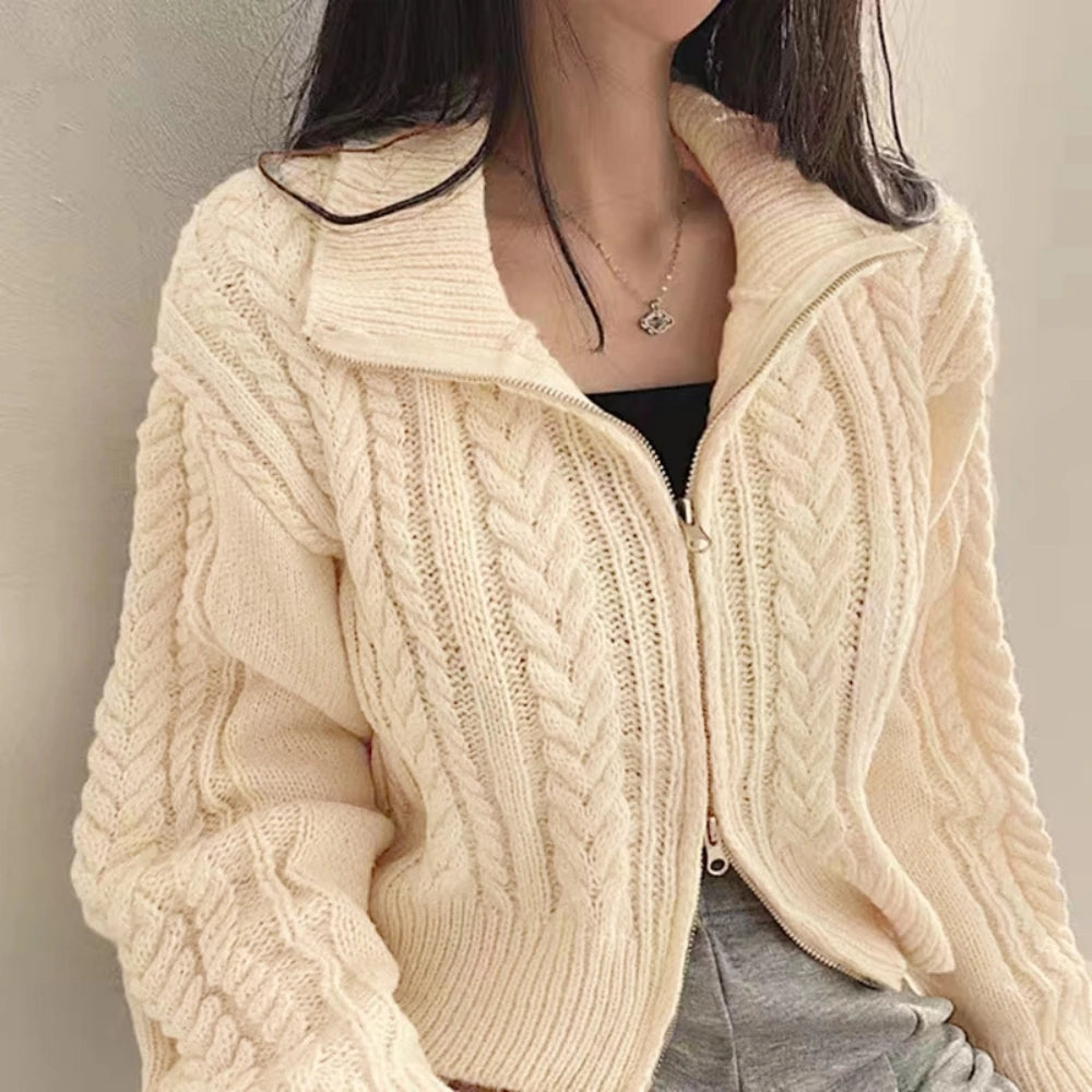 Cardigan Femme Torsadé avec Fermeture Éclair - Gilet Court Vintage Élégant