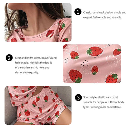 Pyjama Femme Été Motif Fraises - Ensemble Short et T-shirt - Vêtement de Nuit Doux et Confortable