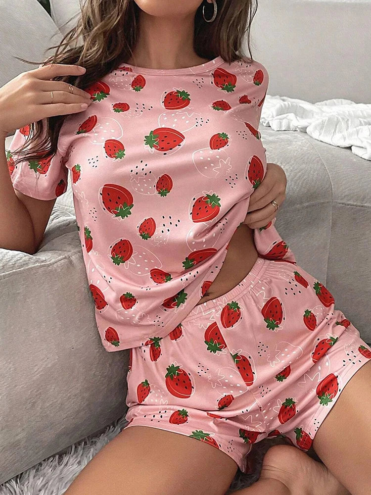 Pyjama Femme Été Motif Fraises - Ensemble Short et T-shirt - Vêtement de Nuit Doux et Confortable