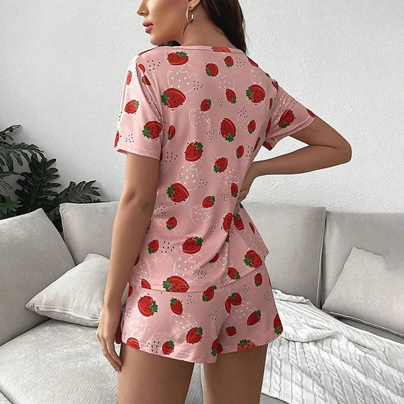 Pyjama Femme Été Motif Fraises - Ensemble Short et T-shirt - Vêtement de Nuit Doux et Confortable