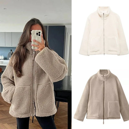 Veste Polaire Femme Hiver en Laine d'Agneau - Manteau Chaud Col Montant avec Poches Zippées - Style Streetwear