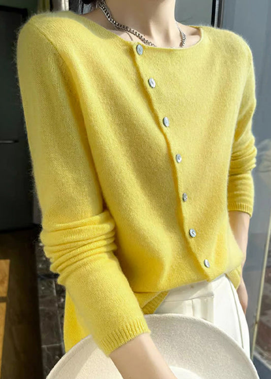 Pull en Laine Mélangée Jaune Col Rond avec Boutons - Top Tendance Automne