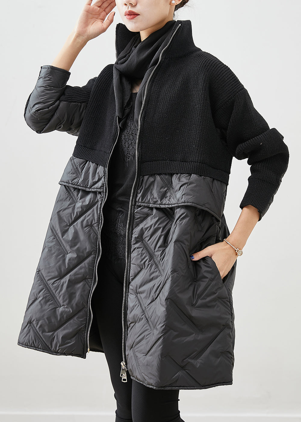 Manteau d'Hiver Noir en Coton Mélangé avec Fermeture Éclair