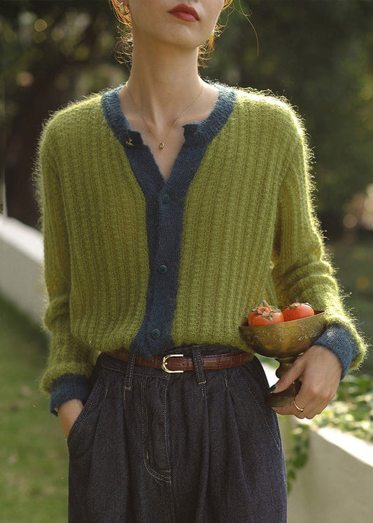 Pull Vert à Manches Longues avec Boutons - Top en Maille Patchwork Confortable