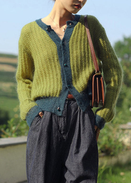 Pull Vert à Manches Longues avec Boutons - Top en Maille Patchwork Confortable