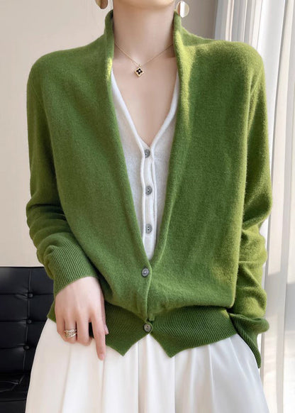 Pull en Laine Mélangée Vert Col V avec Boutons - Top Tricot Tendance Automne