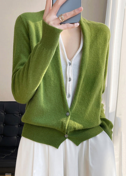 Pull en Laine Mélangée Vert Col V avec Boutons - Top Tricot Tendance Automne