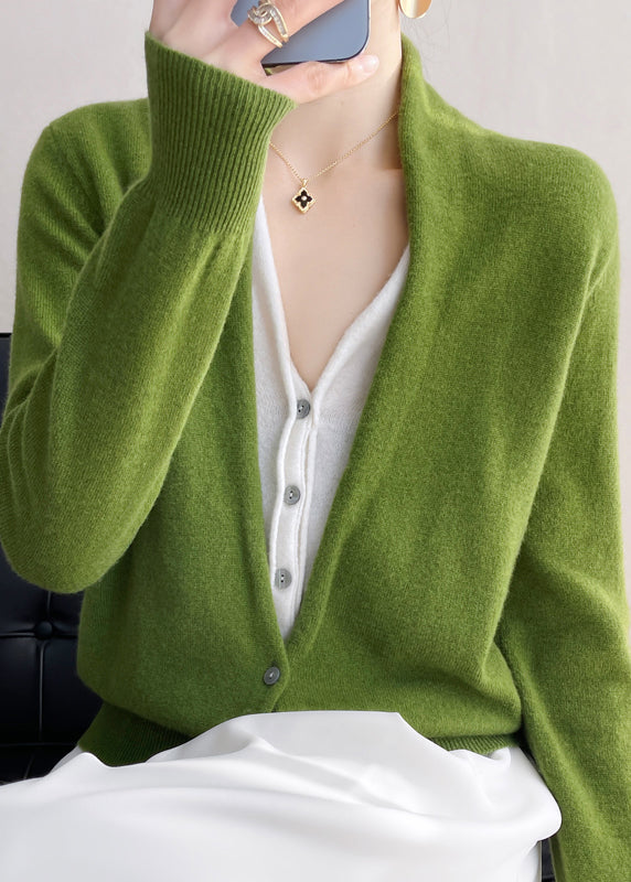 Pull en Laine Mélangée Vert Col V avec Boutons - Top Tricot Tendance Automne