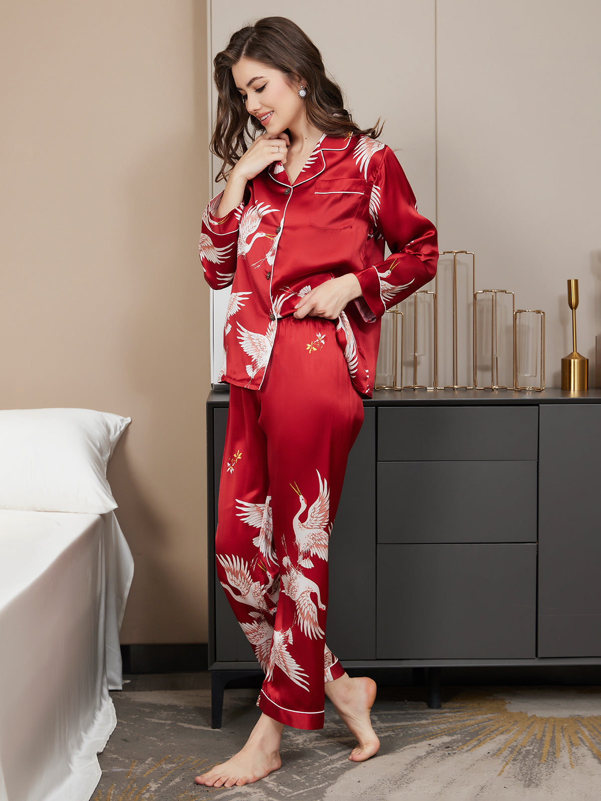 Ensemble Pyjama Femme en Soie Pure à Manches Longues avec Finitions Imprimées