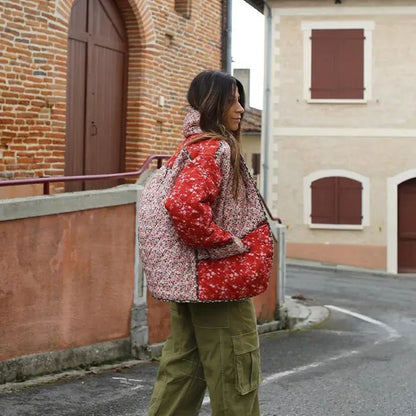 Veste Matelassée Éthnique à Imprimé Floral en Couleurs Contrastées - Élégance et Style Décontracté